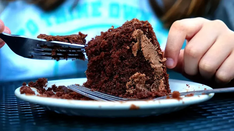 チョコレートケーキを食べる子供
